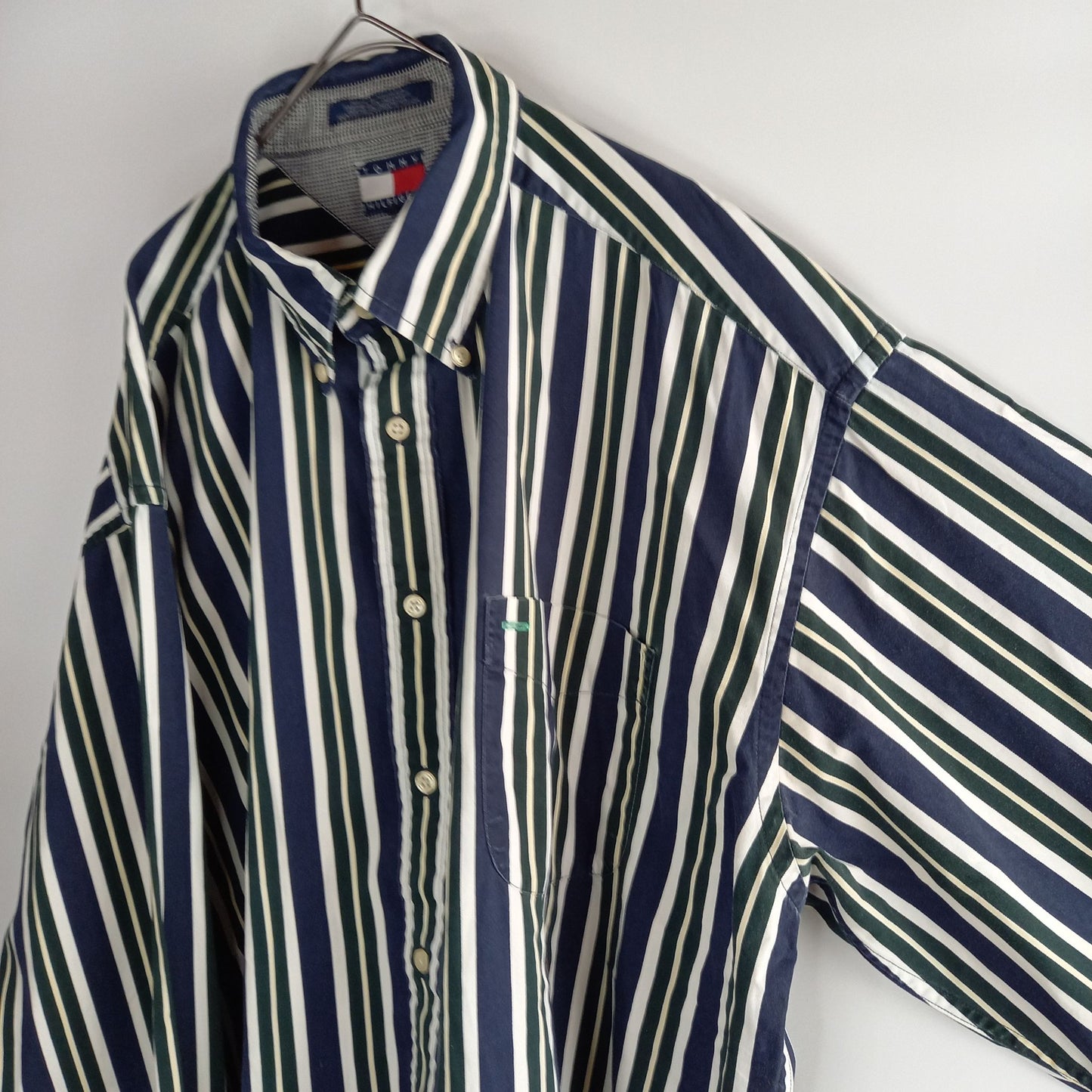 トミーヒルフィガー　コットンBDシャツ　ストライプ　オーバーサイズ　刺繍ロゴ　紺