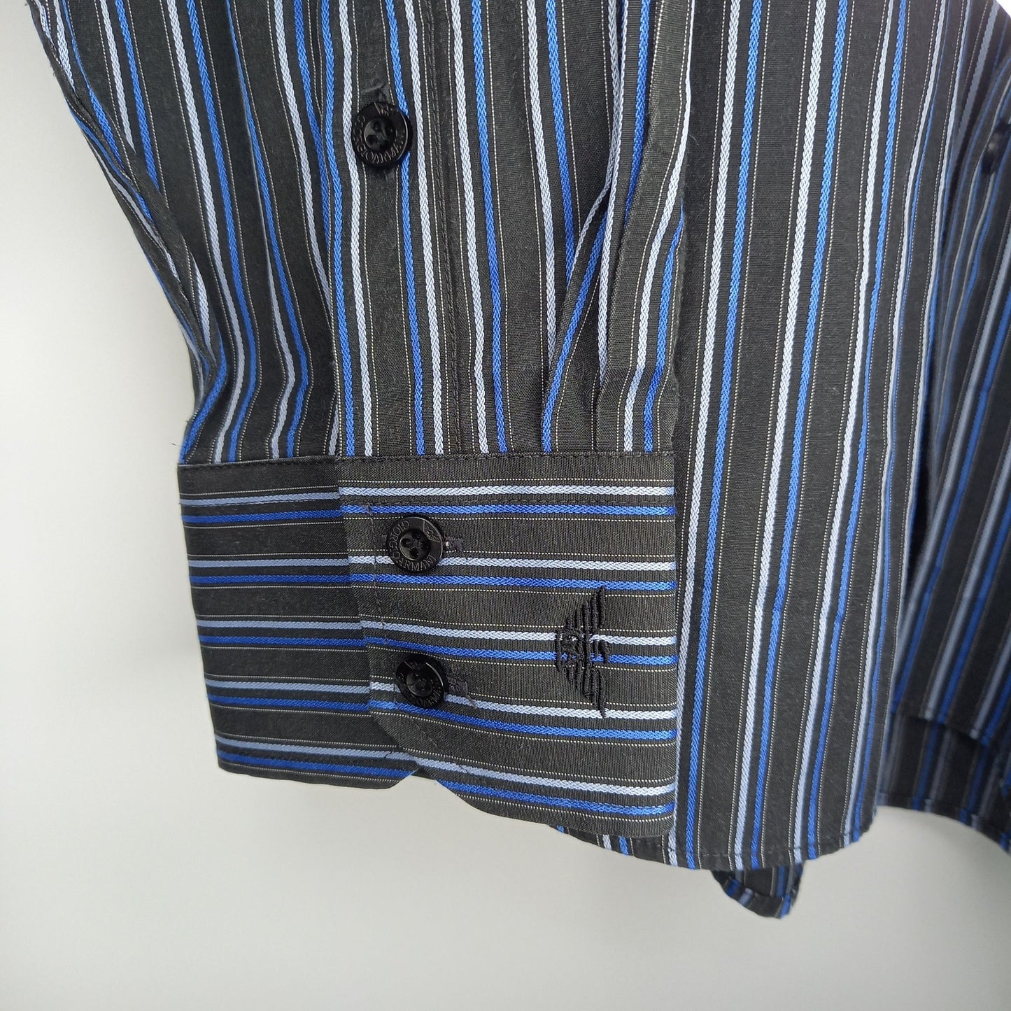 ジョルジオ・アルマーニ　ストライプ　シャツ　刺繍ロゴ　オーバーサイズ　金タグ　黒