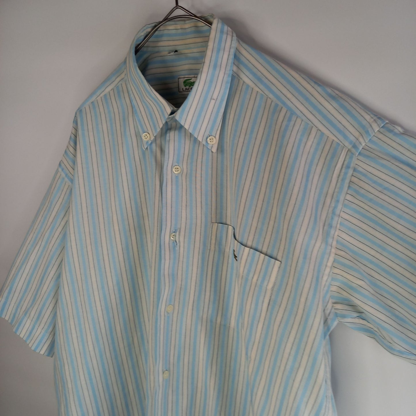 90s　ラコステ　BDシャツ　半袖　ストライプ　刺繍ロゴ　ライトブルー　M